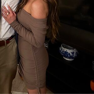 MABLE Brown Ribbed Fabric Boutique Sweater Dress with Ties